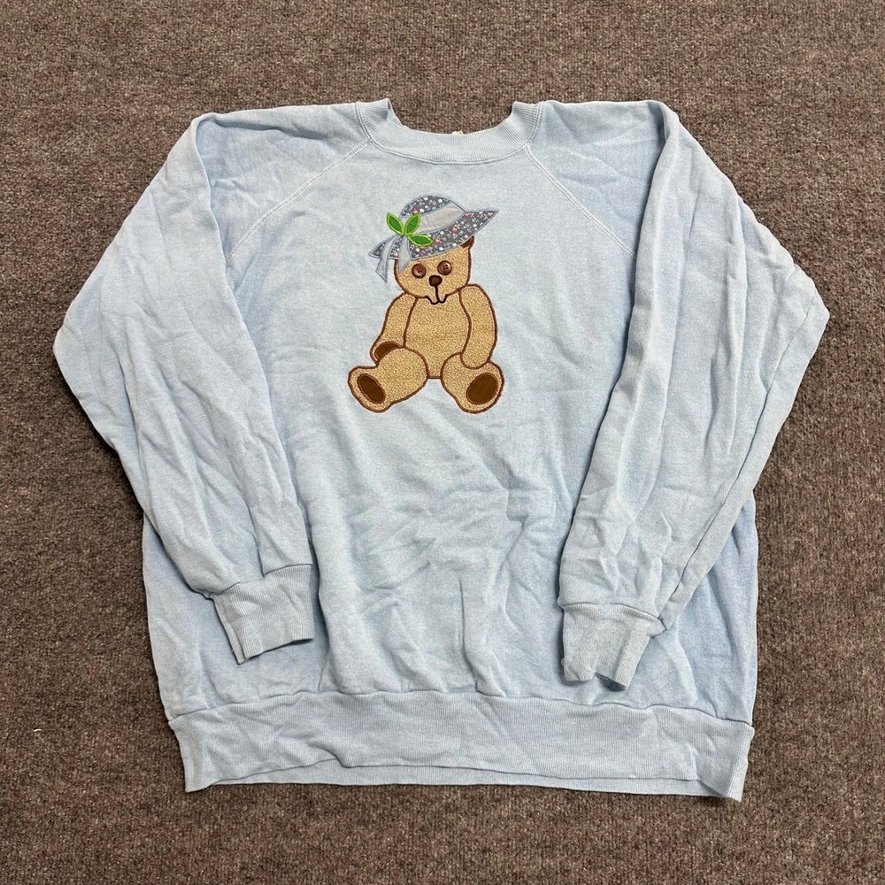 Unbranded Sweatshirt Womens Size L Blue Vintage Teddy Bear Embroidered Raglan